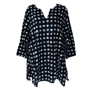 KikiSol Black White Abstract Print V Neck Tunic Top XL 3/4 Sleeve Sheer Cotton